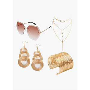Fumwase 4 Piece 70s Disco Accessories for Party Halloween Cosplay 70s Disco Costume Accessory Set for Women with Luxuriant Coil Bracelet Disco Sunglasses Triple-Layered Choker and Gold Disco Earrings
