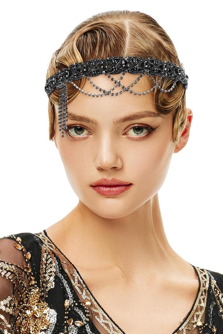 BABEYOND 1920s Flapper Headpiece Roaring 20s Headband Great Gatsby Headband Chain for Women Vintage Hair Accessory (Black)