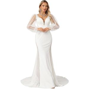 Long Sleeve Wedding Dresses for Bride V Neck A Line Satin Bridal Wedding Satin Gown Second White, L