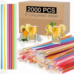 2000 PCS Individually Wrapped Disposable Plastic Drinking Straws, (9" Long, 0.24" Diameter), for Juice, Iced Coffee, Soda, and Party Beverages(Colorful) (Regular)