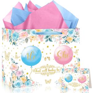 3 x Gender Reveal Gift Bag Blue Pink Boy or Girl Paper Bag with Wrapping Paper Card What Will Baby Be Party Decoration Ballon Treat Candy Bag for Baby Shower Gender Reveal Birthday Party Supplies