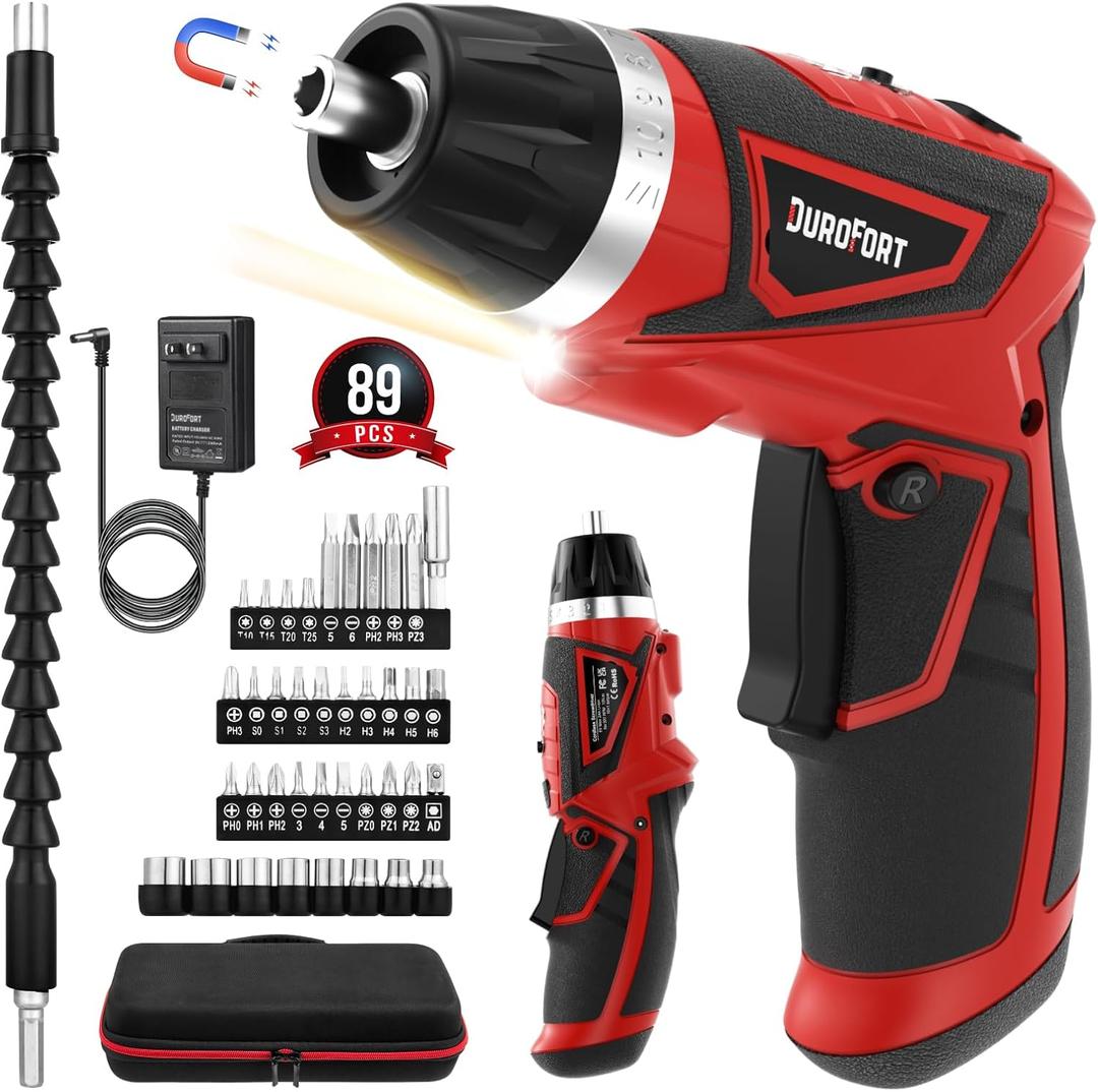 Cordless Electric Screwdriver Set, 8V 10Nm Rechargeable Screwdriver Kit with 89pcs Accessories, 10+1 Torque Settings, 2 Position Handle, Battery Indicator, Flexible Shaft, LED Light (Red)