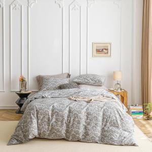 SUSYBAO Grey Paisley Duvet Cover King 100% Cotton 3 Pcs Set 1 Vintage Boho Floral Duvet Cover with Zipper Ties 2 Pillowcases European Style Gray Bohemian Flower Bedding Set Soft