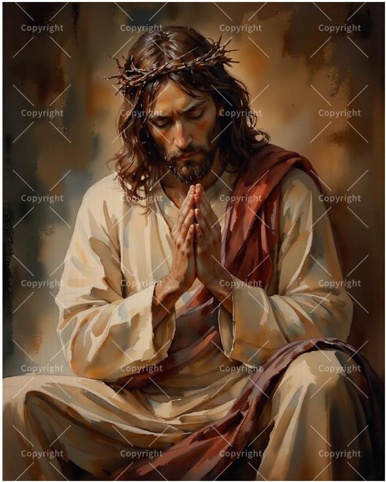 Religious Art Paint by Numbers Kit for Adults - DIY Seated Jesus in Prayer Painting on Canvas 16x20In, Framed Acrylic Paint Set, Suitable for Beginners, Art for Home Decoration/Gifts