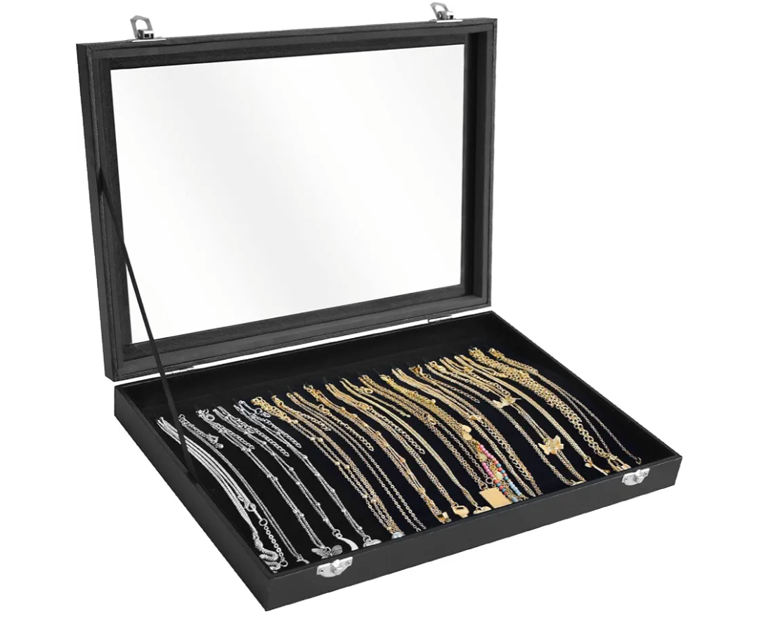 Jenseits Necklace Organizer Box, Tray with Clear Lid, Velvet Dustproof Necklaces Holder Storage Display Case, 20 Hooks Glass Top Jewelry Tray Drawer Insert for Pendant Bracelet