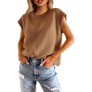 Saodimallsu Womens Summer Cap Sleeve Tops Casual Crew Neck Loose Fit Knit Lightweight Sweater Pullover Top (Medium, Coffee)