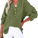 Dokotoo Womens Casual Button V Neck Long Sleeve Shirts Oversized Solid Blouses Tops L