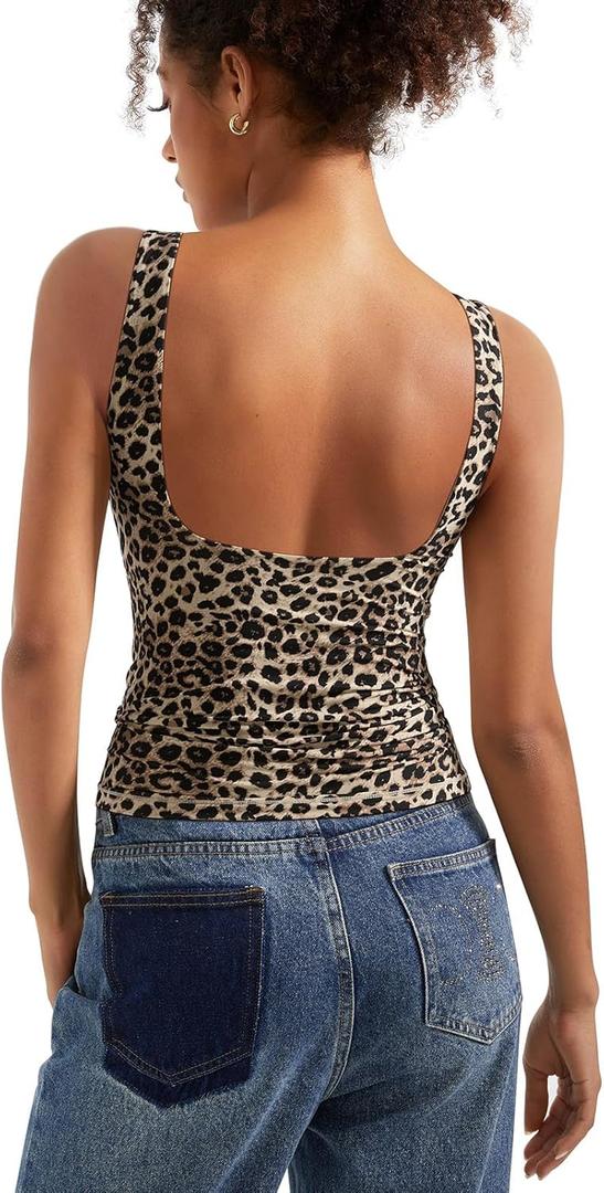 SUUKSESS Women Padded Open Back Boat Neck Tank Tops Double Lined Basic Shirts (Small, Cheetah Print)