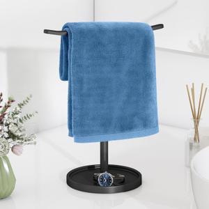 STWWO Hand Towel Holder, Stainless Steel Towel Holder Stand for Bathroom, Kitchen Countertop, T-Shaped Hand Towel Rack Stand, Black