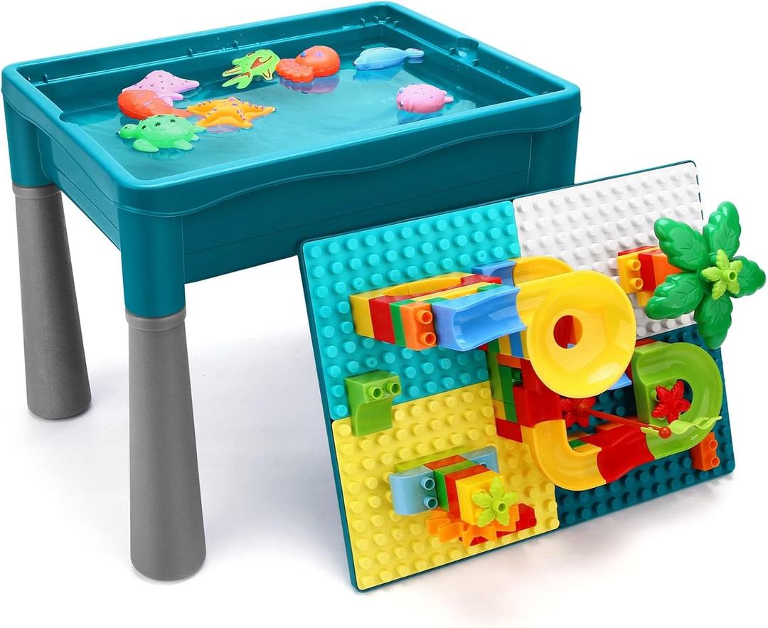 Double Sided Kids Activity Table with Storage, All-in-1 Multi Activity Table, 105pcs Marble Run Building Blocks Compatible with Classic Bricks, Craft Play Sand Water Table for Toddler