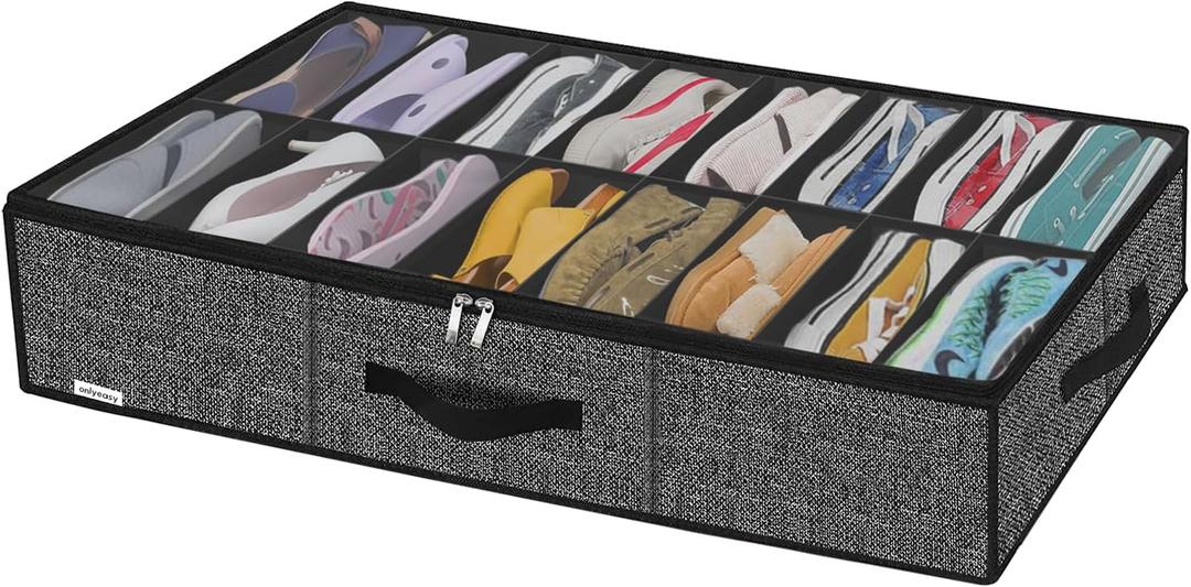 Onlyeasy Sturdy Under Bed Shoe Storage Organizer Fit 8 to 16 Pairs, Collapsible Closet Under bed Shoes Container Bags with Reinforced Handles, 37.7x23.6x5.9in, Linen-like Black, MXAUBS16P1