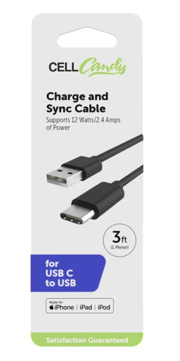 CellCandy USB-C/A Charge & Sync Cable, Black
3 ft