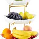 Ceramic Fruit Bowl for Kitchen Counter - 3 Tier Fruit Basket with Metal Stand, Tiered Fruit Stand for Countertop, Snack, Nuts, Cake, Dessert, Cute (Gold, Large)
