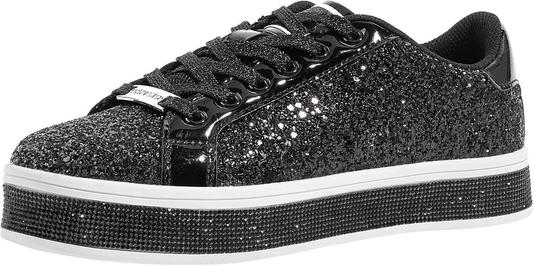 LUCKY STEP Women's Platform Glitter Sneakers | Sparkly Bling Shiny Dressy Bedazzled Wedding Bridal Fashion Walking Shoes (9, Black)
