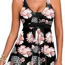Aleumdr Women's 2026 Tankini Set Printed Swimsuits Tummy Control Bathing Suits Two Piece High Waisted Swim Dress with Pockets Black Floral X-Large