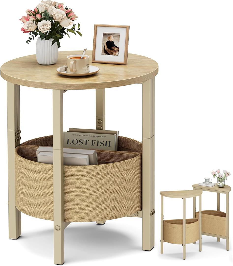 Vagusicc Small Round Side Table End Table, Tall Accent Table with Storage Basket, Set of 2 Half Round Tables Half Moon Tables, Coffee Bedside Tables, Modern Nightstand for Living Room Bedroom,Natural