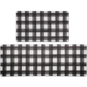 FRESHMINT Modern Farmhouse Plaid 2 Piece Set Kitchen Mats for Floor Anti Fatigue Waterproof & Non-Skid Kitchen Rugs Cushioned Kitchen Mat for Standing Washable Comfort Desk Kitchen Runners (Black)