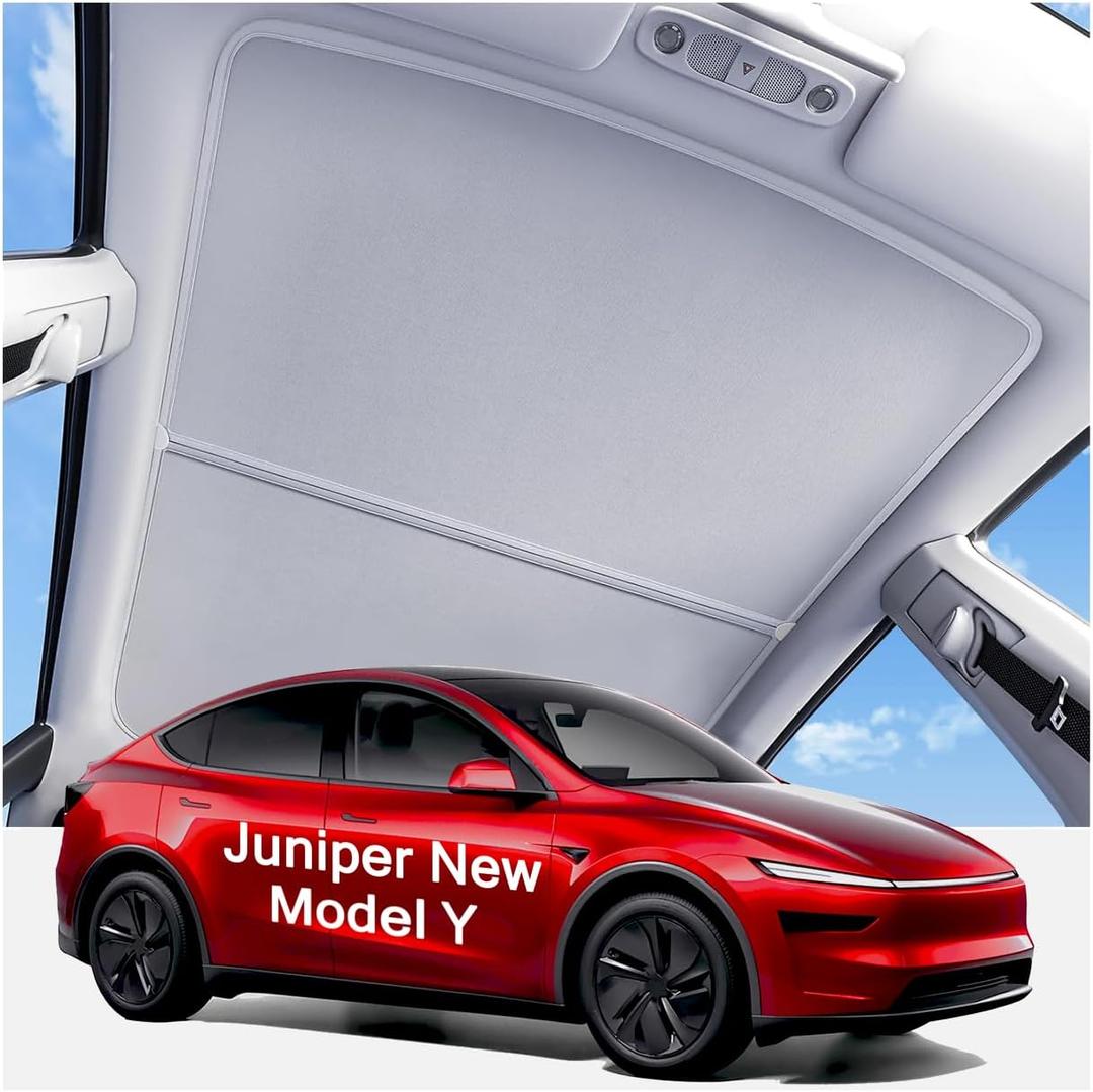 2025 Upgraded Tesla Model Y Juniper Sunshade Roof, UPF200+ Roof Sunshade with Storage Bag, No-Sag&No-Gaps Heat Insulation Foldable Roof Shade, Tesla Accessories for Juniper 2025-2026, Gray