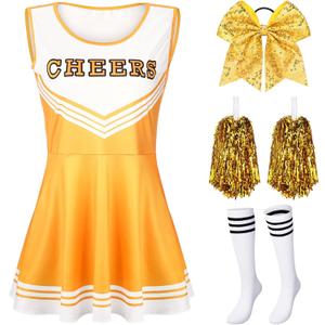 SATINIOR 4 Pcs Cheerleader Costumes for Women Adults Girls Uniform Outfit for Football Party (X Large, Gold)