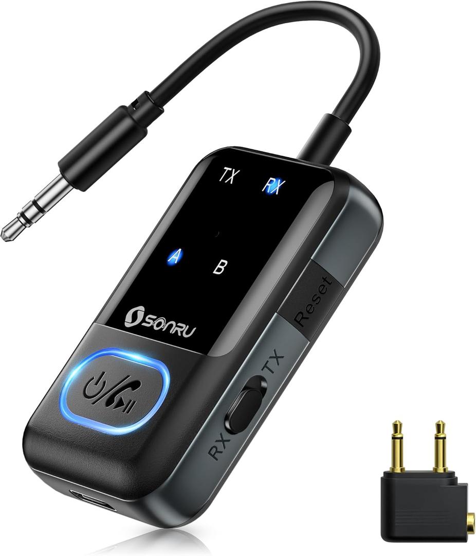 Bluetooth 5.3 Transmitter Adapter for Airplane 2-in-1 Wireless Bluetooth Audio Transmitter Receiver for 3.5mm Aux Jacks on Flight/TV/Gym Equipment, for up to 2 Wireless Headphones, Cell Phones