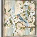 Cherry Blossom Tree Picture Framed: Flower Artwork Botanical Painting Bird Animal Wall Art on The Branch Wood Print for Bedroom(16x16)