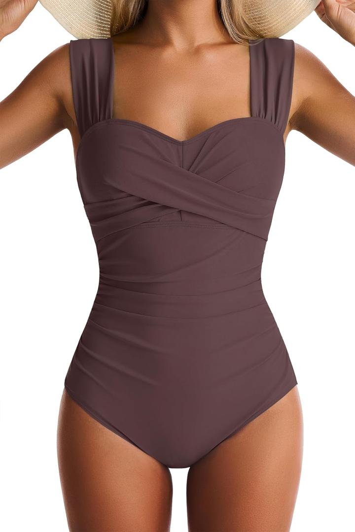 Womens One Piece Swimsuits Tummy Control Bathing Suits Modest Full Coverage Swimsuit Wide Straps Swimwear (Brown, M)