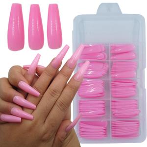 100pc Extra Long Pink Colored Coffin Press on Nails Ballerina False Fake Acrylic Nail Tips Full Cover Fingernail Designs Artificial Nails for Women Girls Salon Nail Art DIY (Pink)