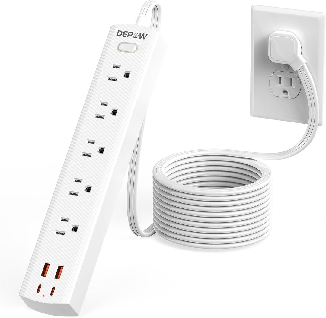 DEPOW Power Strip Surge Protector with 5 AC Outlets(1625W/13A) 4 USB Ports (2 USB C), Ultra Thin Extension Cord, Low Profile Flat Plug, 1700 Joules, Wall Mount for Home Office, White10 Ft
