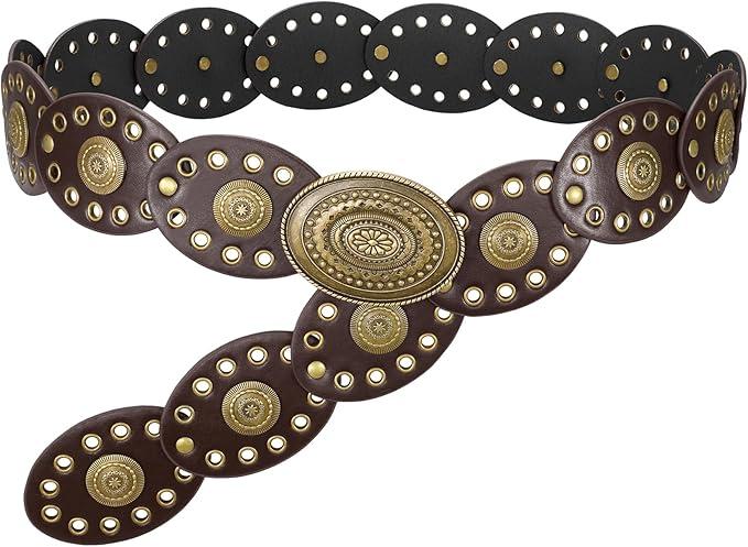 WERFORU Women Wide Western Belts for Dress Vintage Disc Belts for Women Cowgirl Leather Waist Belts Country Style Accessory-Style 10,S:Length 41"：Fit Waist Size Below 36"