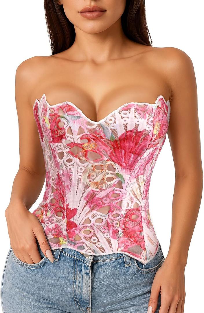 LEACOOLKEY Lacework Corset Top for Women Sexy Textured Sheer Floral Lace Bustier Going Out Lace-up Corset Overbust Top (Medium)
