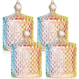 Aoriher 4 Pcs Crystal Glass Candy Jar Set with Lids Home Decorative Storage Jars for Apothecary, Bathroom, Kitchen, and Pantry, Ideal for Cotton Swabs and Jewelry(Medium,Colorful)