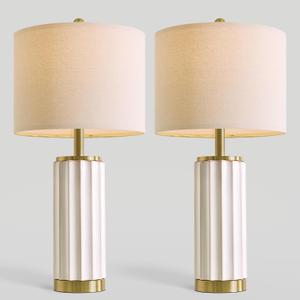 USumkky 25.75" White Fluted Ceramic Table Lamp Set of 2, Modern Farmhouse Bedside Nightstand Lamps for Bedroom Living Room, Oatmeal Linen Shade & Gold Metal Base, Rotary Switch E26 (Bulbs Excluded)