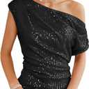 GRACE KARIN One Shoulder Sequin Sparkly Tops for Women Ruched Asymmetrical Glitter Tops Slimming Sparkle Party Shirts (Large, Black)