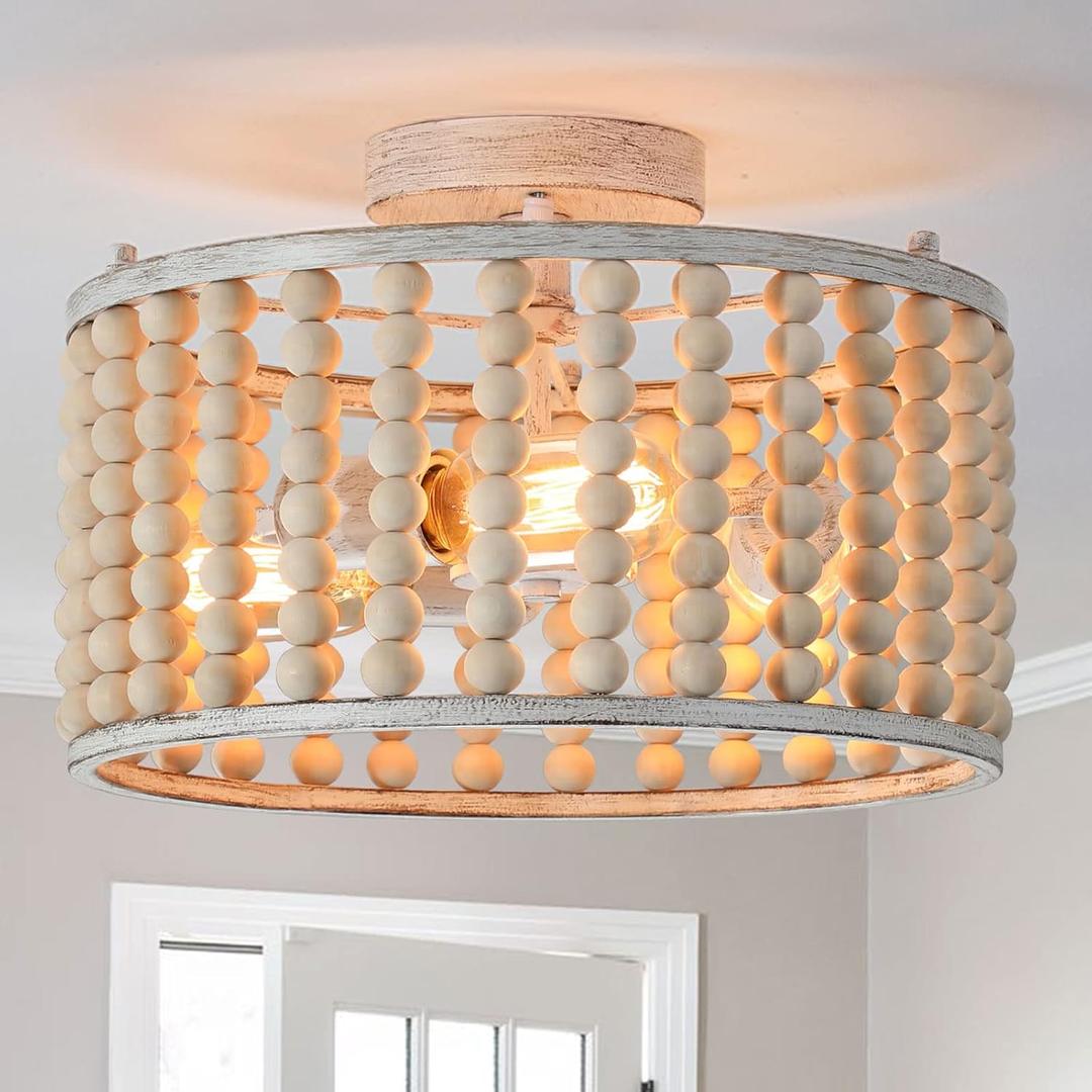 tewei Wood Beaded Boho Chandelier Light Fixture, Semi Flush Mount Ceiling Light 3-Light Rustic Nursery Close to Ceiling Lights for Bedroom Kitchen, Living Room, Oak White, E26 Base