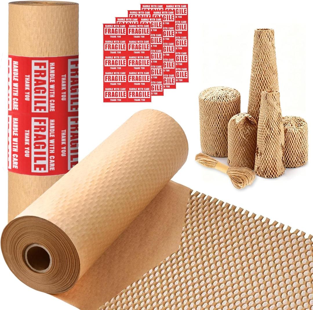 Honeycomb Packing Paper 12" x 200ft,Alternative to Bubble Wrap for Packing/Moving Supplies/Shipping Fragile Items Eco-Friendly & Recyclable Packaging Materials, Includes Fragile Labels & Hemp Ropes