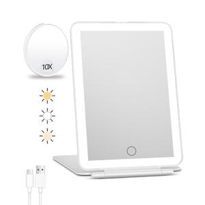 FUNTOUCH Rechargeable Travel Makeup Mirror with Lights and 10X Magnifying Mirrors, Portable Lighted Vanity Mirror with 80 Led,2000mAh Battery,3 Color Lighting,Touch Dimming,Tabletop Light up Mirror