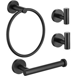 Lairuier Bathroom Hardware Set, 4-Piece Towel Bar Set Include Toilet Paper Holder,Towel Ring and 2 Towel Hooks Stainless Steel Wall Mounted Bathroom Hardware Accessories Set (Matte Black) (Black a)