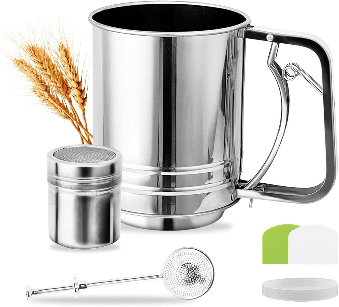 Flour Sifter, 3 Cup Stainless Steel, Great Double-layer Baking Sifters for Baking, Flour Strainer with Powdered Sugar Shaker Duster(Sliver,Size:3 Cup)