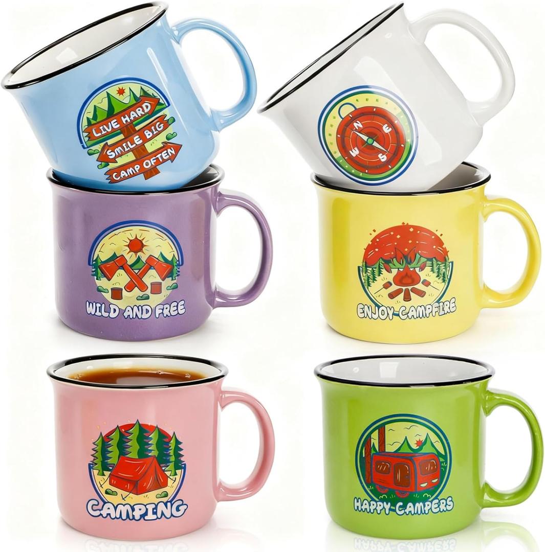 Covzoe Set of 6 Camping Mugs, 15 Oz Ceramic Campfire Coffee Mug in Assorted Colors, Portable Happy Campers Drinking Mug for Tea Milk Picnics Hiking Fishing Travling Lover Gifts, Not Dishwasher Safe