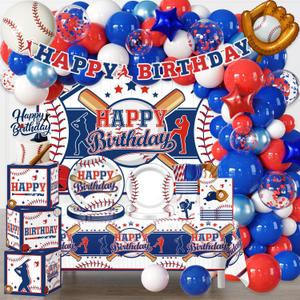 259pcs Baseball Birthday Decorations, All-in-one Baseball Birthday Party Pack with 20pcs Plates, Napkins, 2pcs Tablecloth, Banner, Balloon Arch for Baseball Party Supplies, 20 Guests