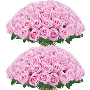 InnoGear 50 Pcs Pink Roses Artificial Flowers, Fake Velvet Silk Rose Bulk Faux Flower for Decoration DIY Wedding Centerpieces Proposal Bridal Bouquets Shower Party Home Floral Decor (50, Pink)
