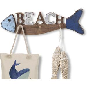 22" Fish Nautical Coat Hook Bathroom Towel Hanger Hanging Plaque for Garden Indoor Outdoor Coat Rack Kitchen Coastal Wall Decor (Beach-Fish-21")