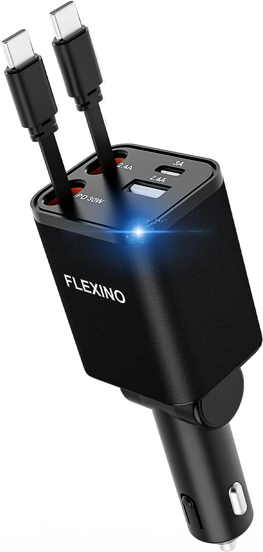 Flexino Retractable Car Charger for iPhone 16, 69W Fast Charging Car Charger USB C, Car Chargers with 2 Retractable Cords 2.6ft, Car Adapter for iPhone 16/15 Series, Galaxy(Black, Dual Type C)