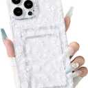 NITITOP Compatible with iPhone 14 Pro Max Case Clear with Card Holder Cute Floral Flower Leave Pattern for Women Girl Soft TPU Shock-Absorbing Wallet Case Protective Phone Cover - White2