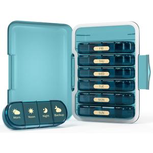 Codcaw Weekly Pill Organizer 4 Times a Day, 7 Day Pill Box 4X, Portable for Travel Pill Case for Pills/ Vitamin/ Fish Oil/ Medication/ Supplements (4x7 Blue)