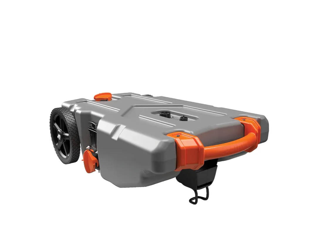 Camco Rhino 36-Gallon Camper/RV Tote Tank - Features Large Heavy-Duty No-Flat Wheels & Built-In Gate Valve - Removable Steel Tow Adapter, 3’ Sewer Hose & More RV Accessories (39006)