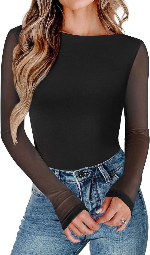 Avidlove Women Long Sleeve Body Suits Mesh Boat Neck Shapewear Bodysuit Crew Neck Leotards Going Out Tops Fall Outfits (Large, Black)