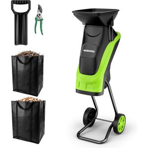 WORKPRO Electric Wood Chipper Shredder, 15-Amp 4300RPM Corded Leaf Mulcher, 1.73 Max Capacity, 14:1 Reduction Ratio, SK5 Dual-Blade System, Portable Garden Shredder with Wheels & Collection Bag