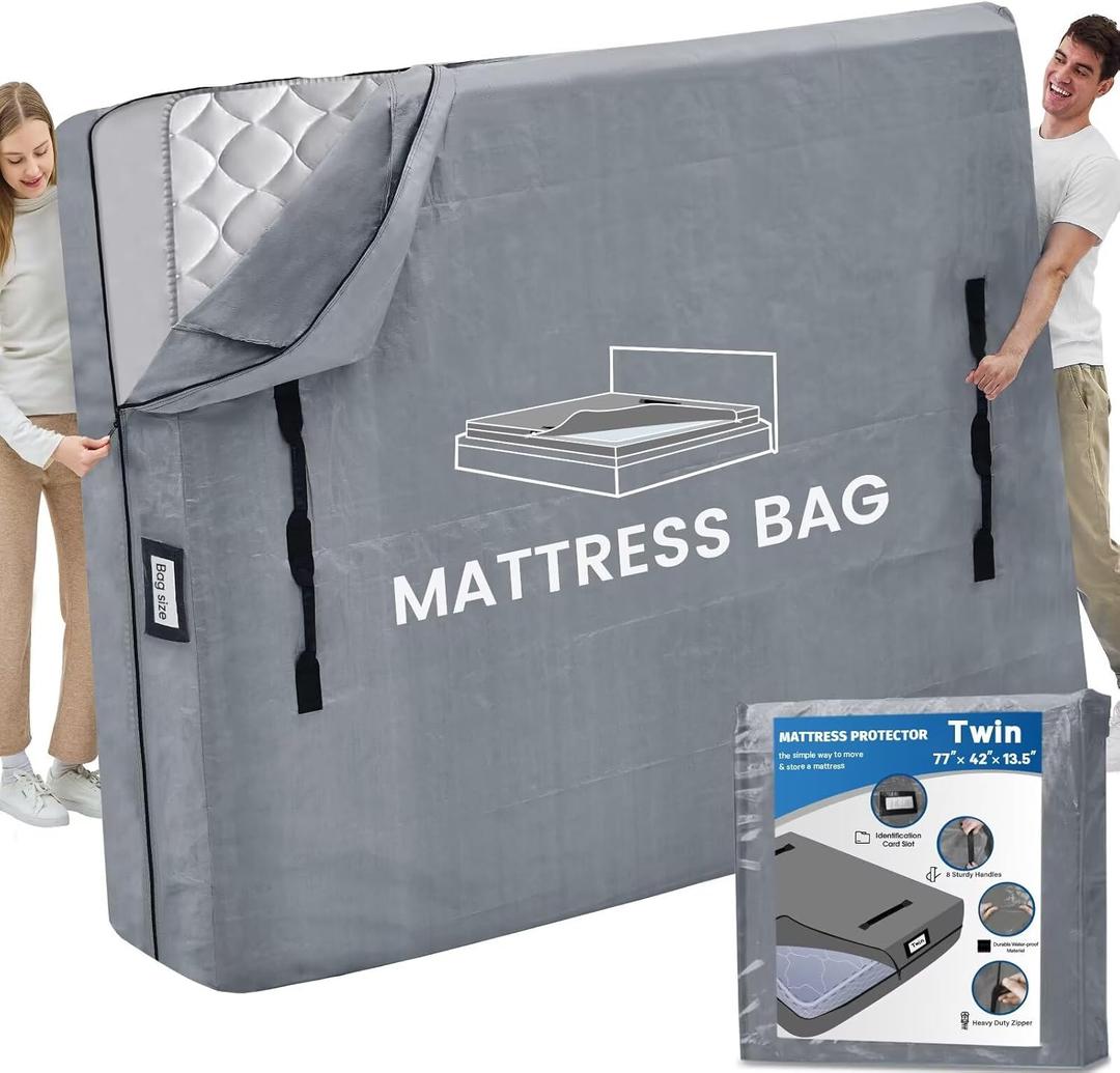 Mattress Bags for Moving and Storage, BETU Twin Mattress Protector Waterproof Mattress Cover with 8 Heavy Duty Handles and Zipper Extra Thick Moving Supplies for Dorm Bed Reusable (77x42x13.5 Grey) (Gray)