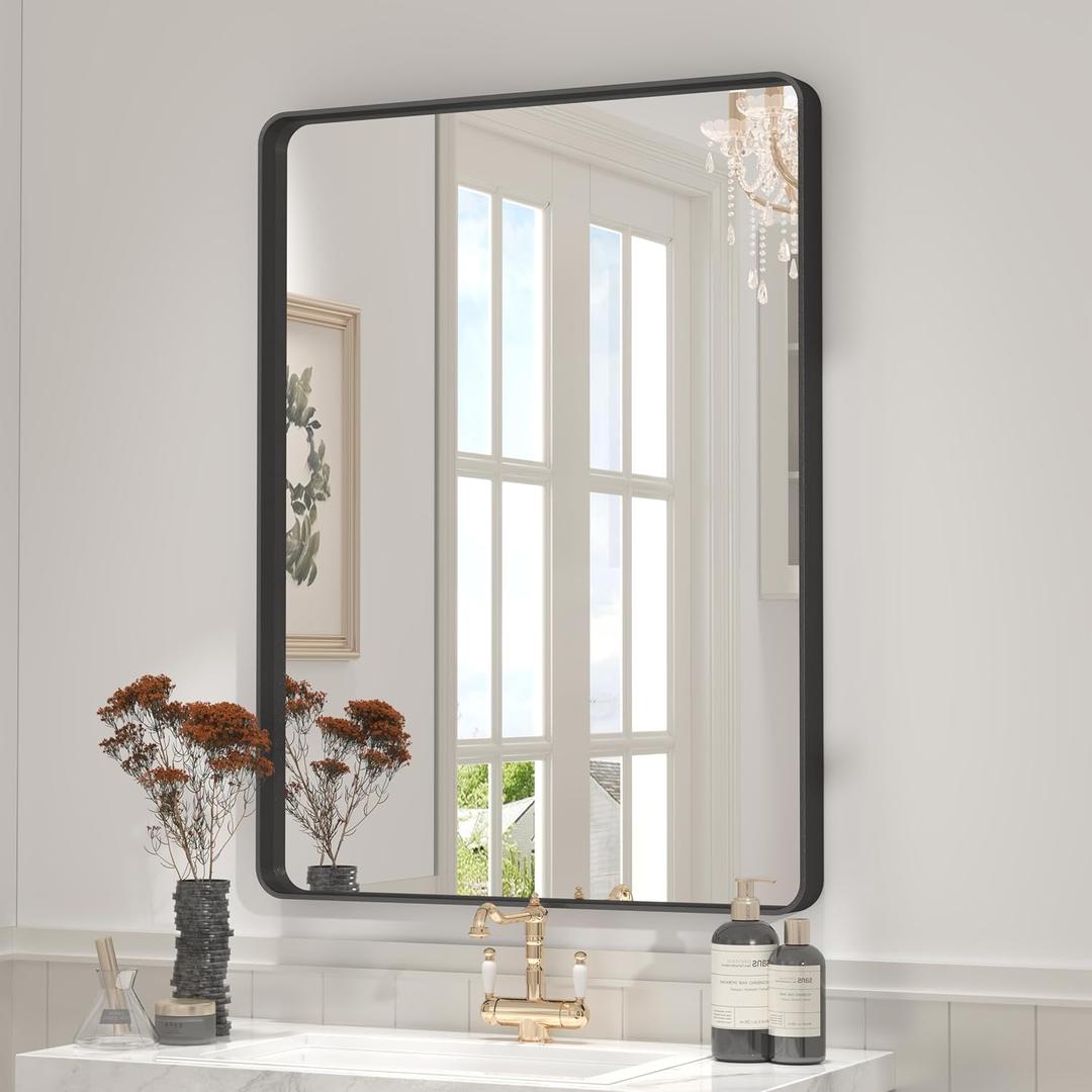 26x36 Inch Black Metal Framed Bathrrom Mirror for Wall, Matte Black Rectangle Mirror, Rounded Corner, Anti-Rust (Horizontal/Vertical)